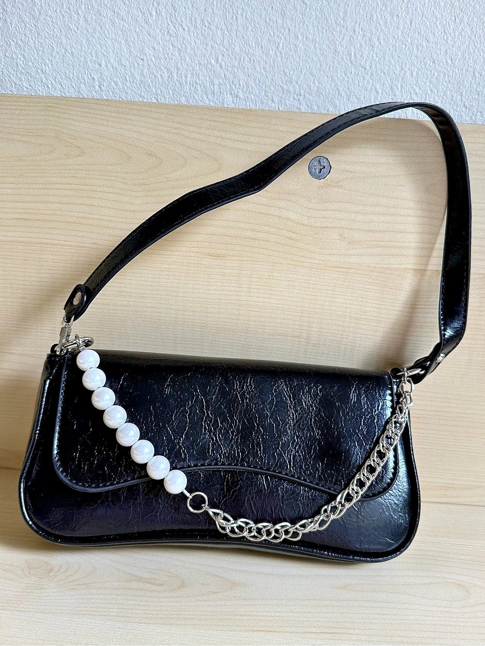 Zara Black Shoulder Bag with Pearl & Chain